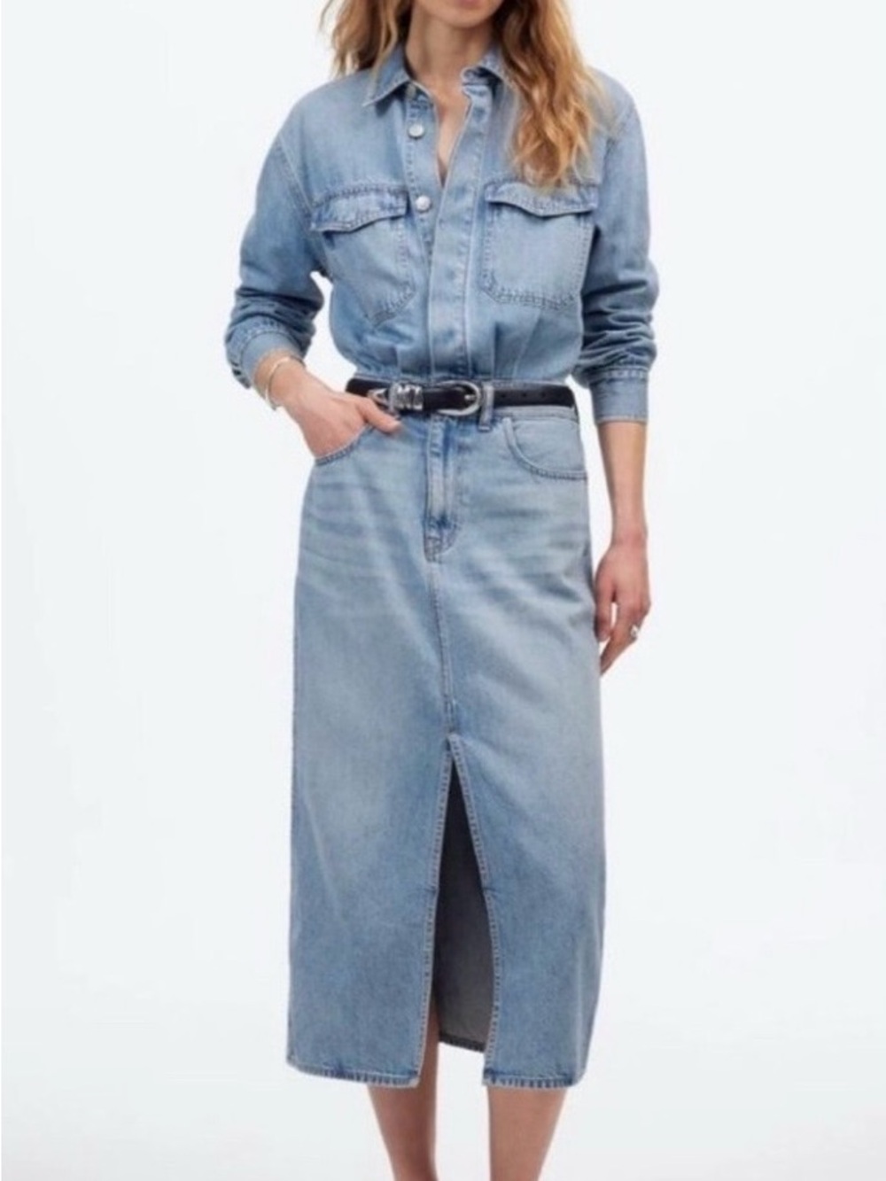 Madewell Light Blue Denim Midi Skirt with Front Slit